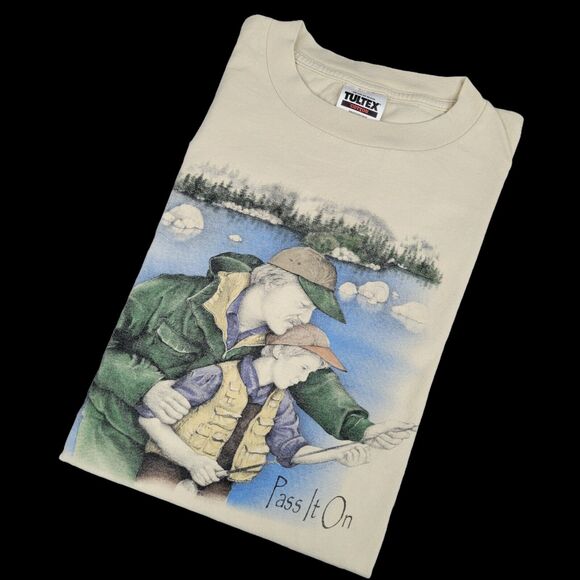 Vintage 90s Mens Single Stich Fisherman Fishing Pass It On Father And Son Large - Picture 1 of 7